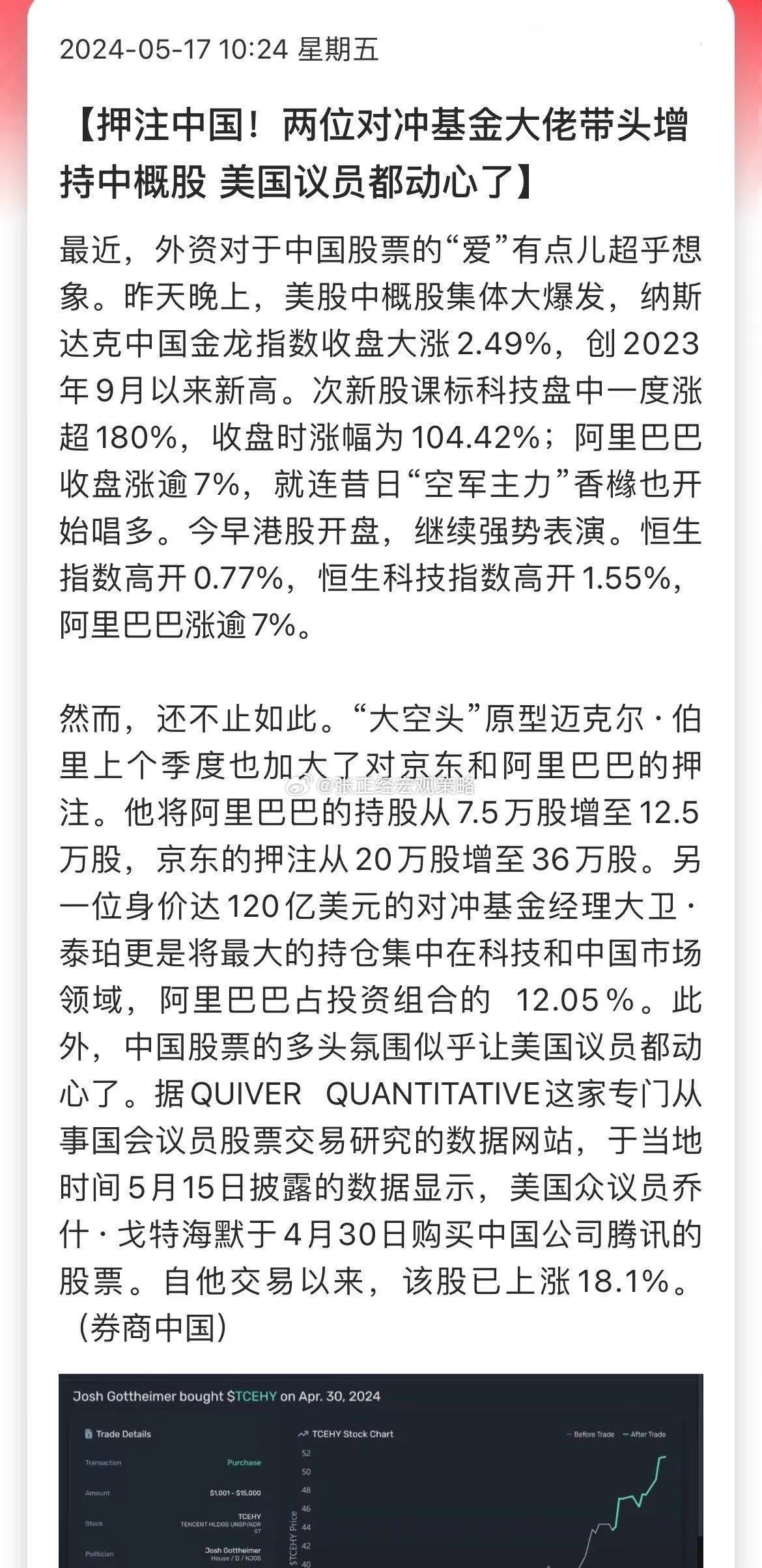 媒体：押注中国！两位对冲基金大佬带头增持中概股，美国议员都动心了…说的是港股吧？