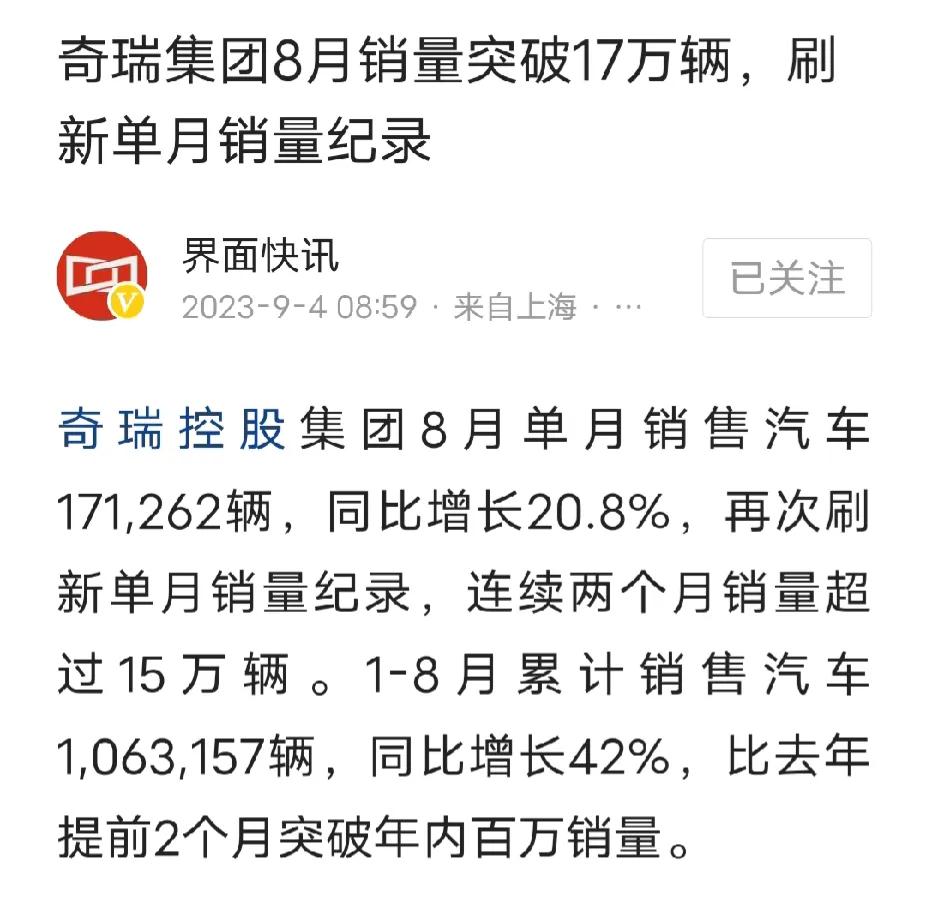 国产车全面崛起！八月份：
比亚迪销量274386辆
奇瑞销量171262辆
吉利