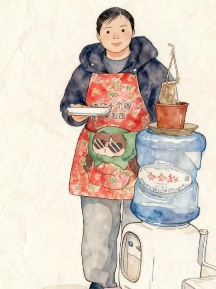 爸爸在倒果汁，到妈妈这里只剩下一半了，爸爸竟往里面加水凑满。妈妈端着刚做好的菜出