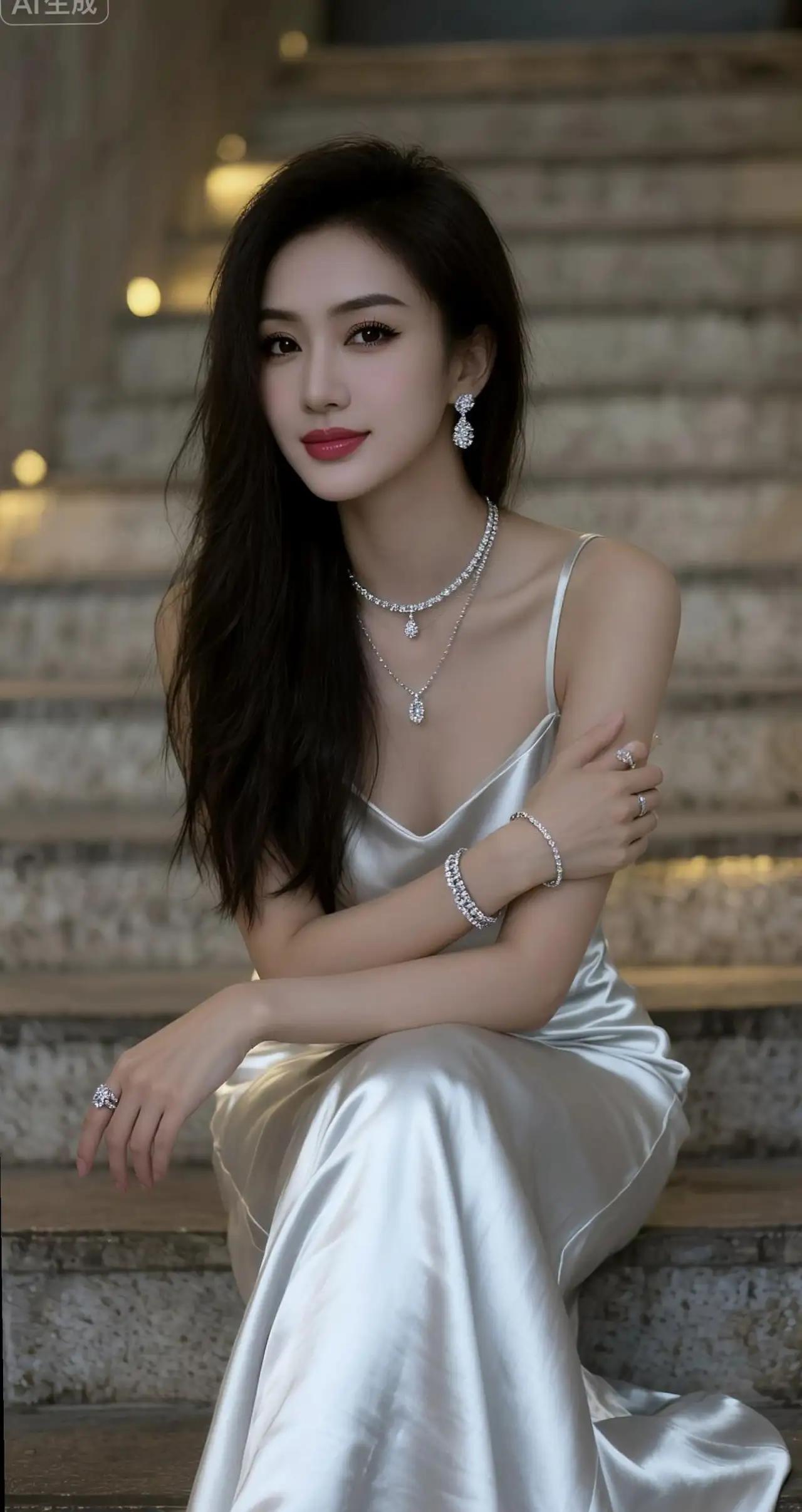 优雅女神，银光闪闪的晚礼服，闪耀的珠宝，美不胜收！