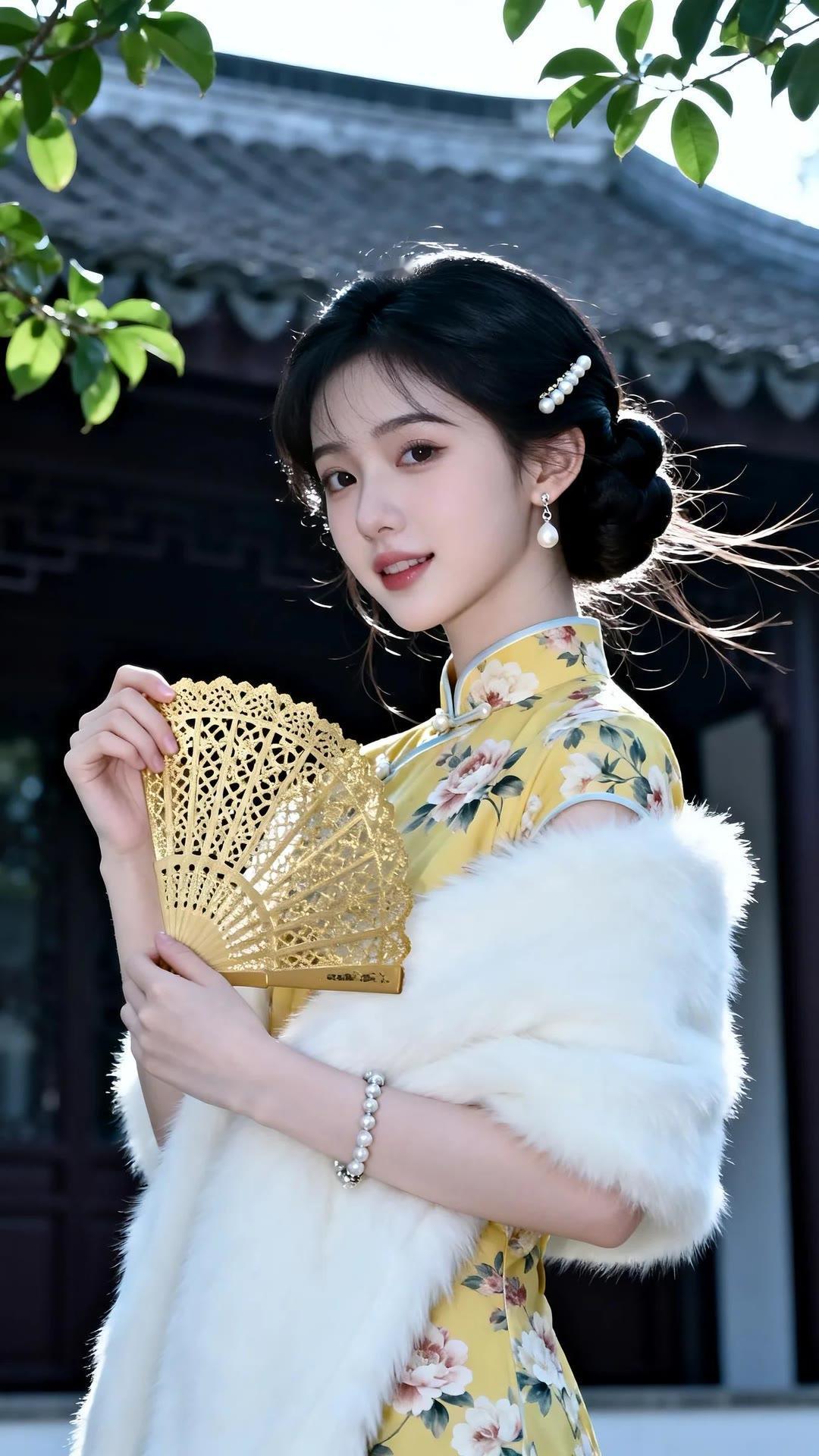 青丝绾发，玉扇轻摇。