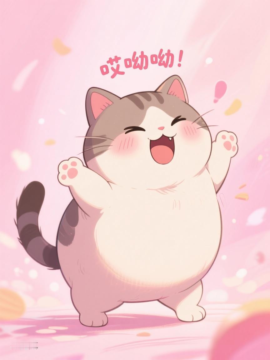 AI妙生图胖猫欢乐欢呼，仿若世间无忧。生活若能如此自在，该多惬意！