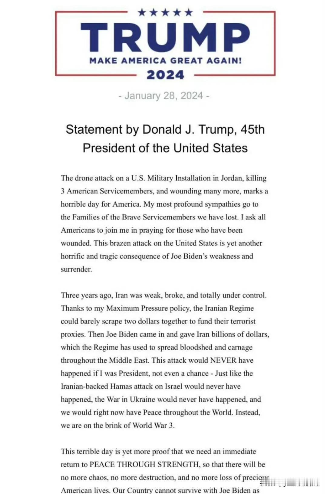 拜登政府的发言证实了，位于约旦境内，靠近叙利亚的一个巡逻基地遭到一架巡飞弹攻击，