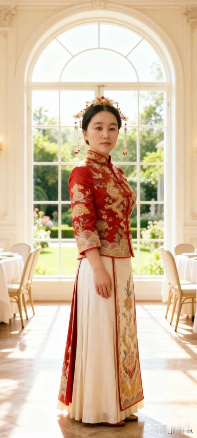 穿越时空，那一抹红衣佳人的古典美，美得让人窒息。晴空下，云絮衬托着她的芳容，一袭