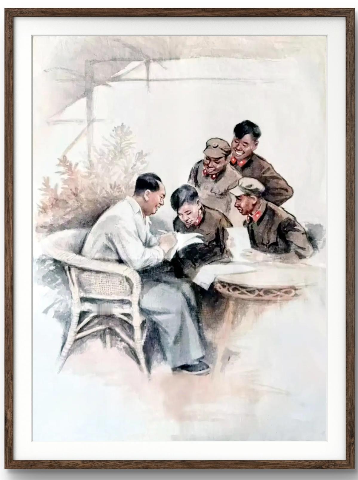 国画：毛主席与警卫战士，作者  董辰生1960年