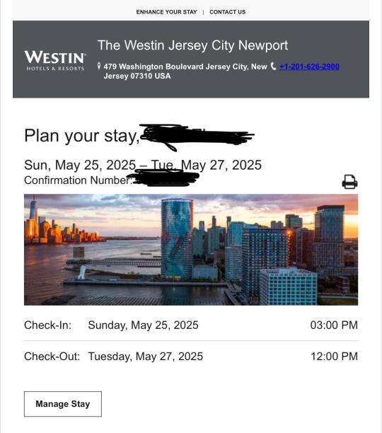 NJ Jersey City出Westin酒店两晚5/25-5/27