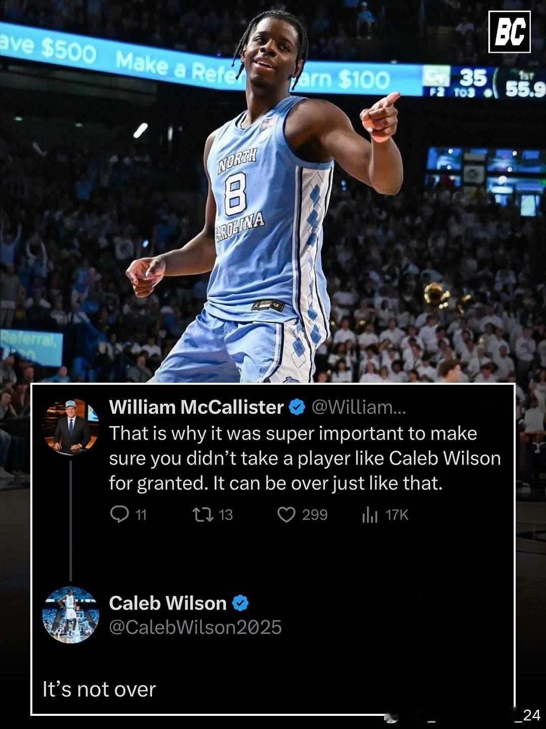 在有关凯莱布·威尔逊左手骨折的报道传出后，他在社交媒体表态：自己在北卡罗来纳大学