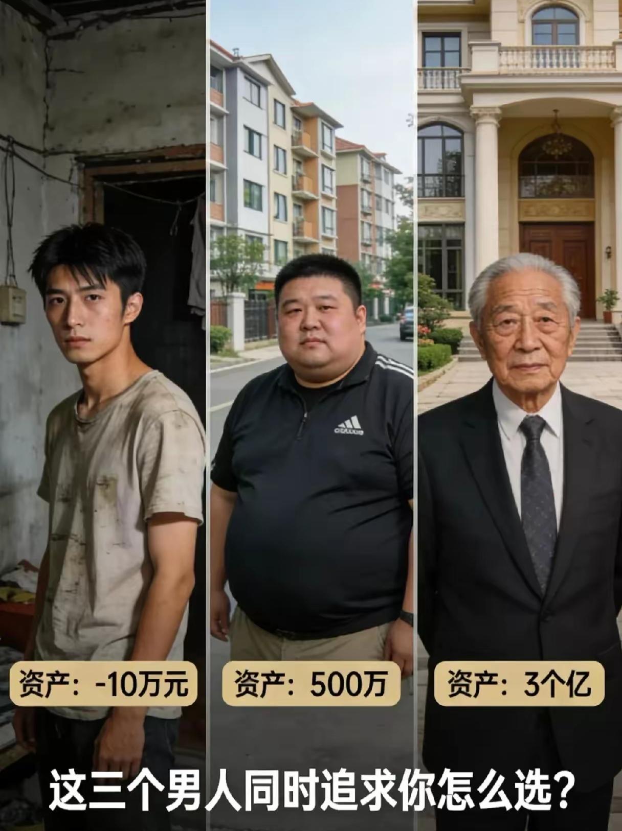 实话实说，你第一感觉会选谁？现实生活中90%以上的女人会选择资产3亿或资产500