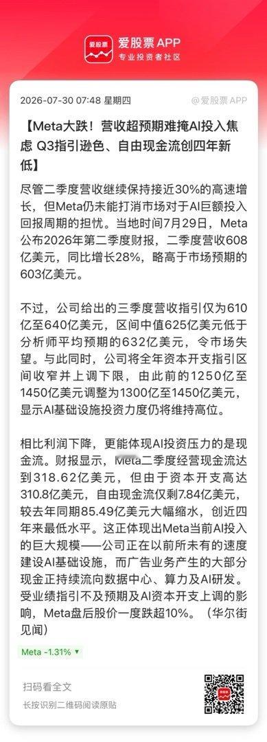【Meta大跌！营收超预期难掩AI投入焦虑 Q3指引逊色、自由现金流创四年新低】