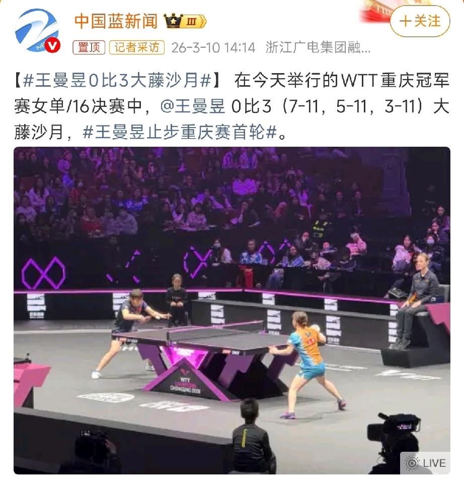 王曼昱今天输得有点懵。

0:3，三局15分，全程被大藤沙月压制。这不是她该有的