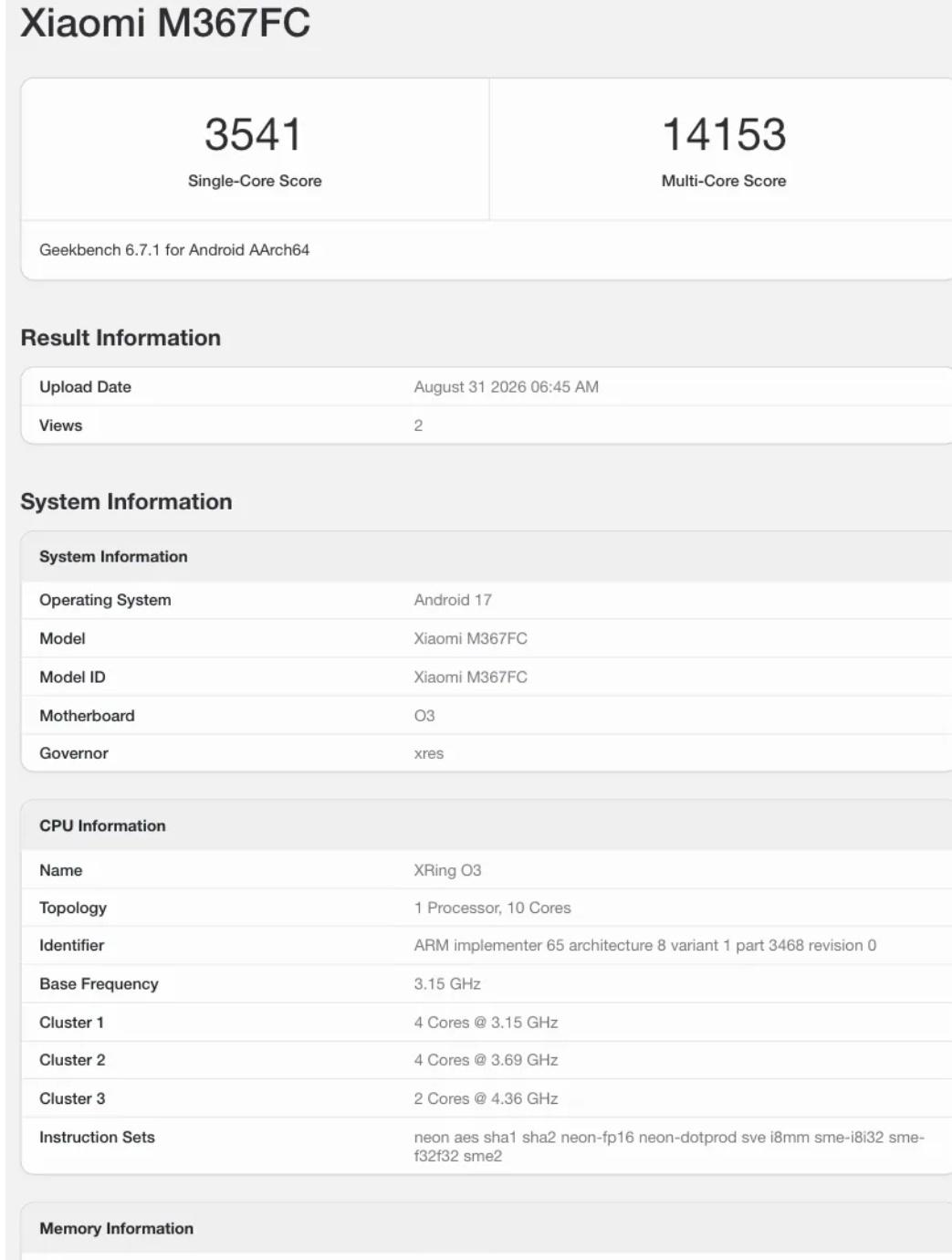 搭载小米玄戒O3 的平板现身 Geekbench

单核 3541，多核 141