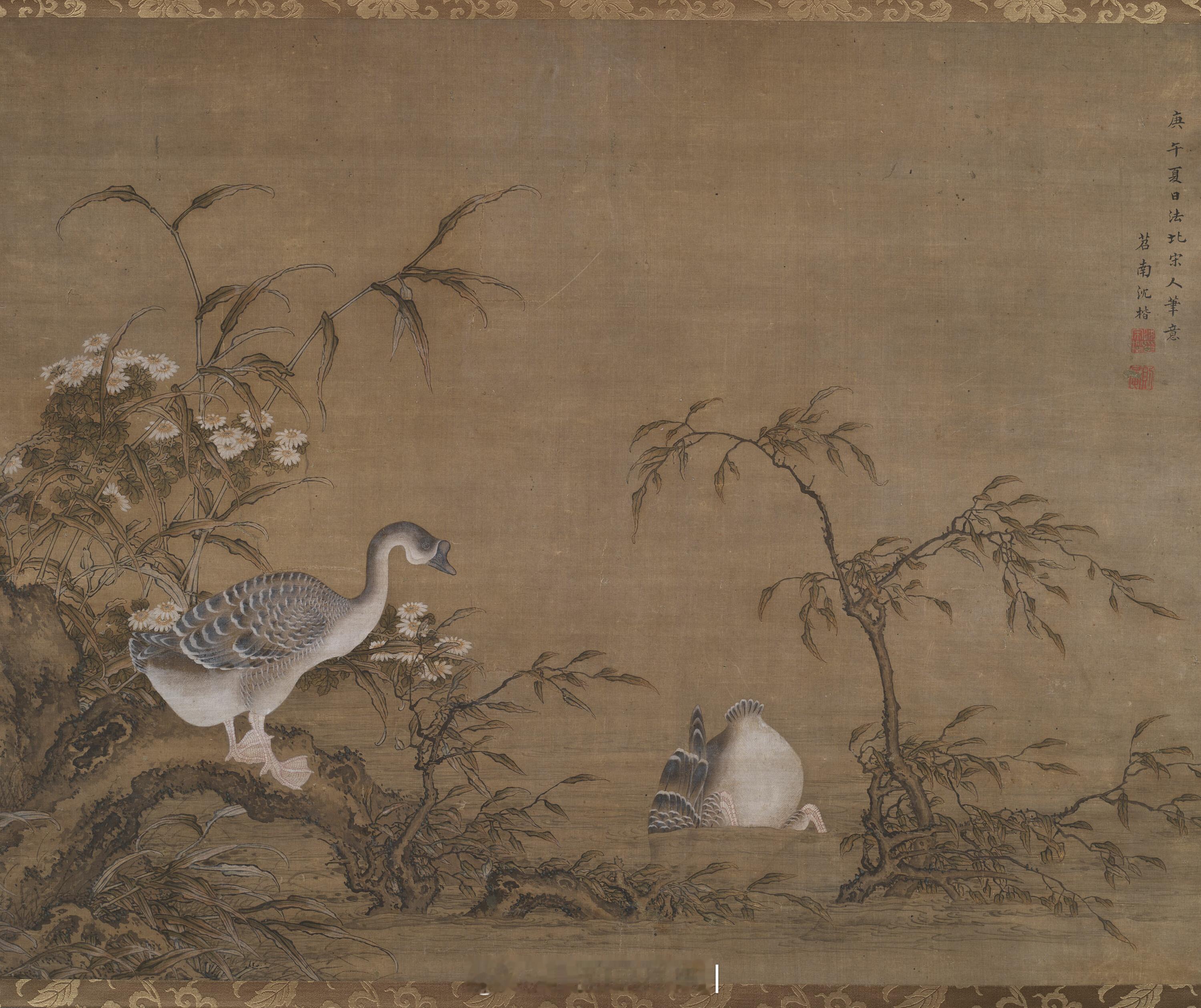 清 沈楷 秋渚水禽图追摹北宋院体工笔花鸟的细腻质感，没有清代晚期常见的写意草率习