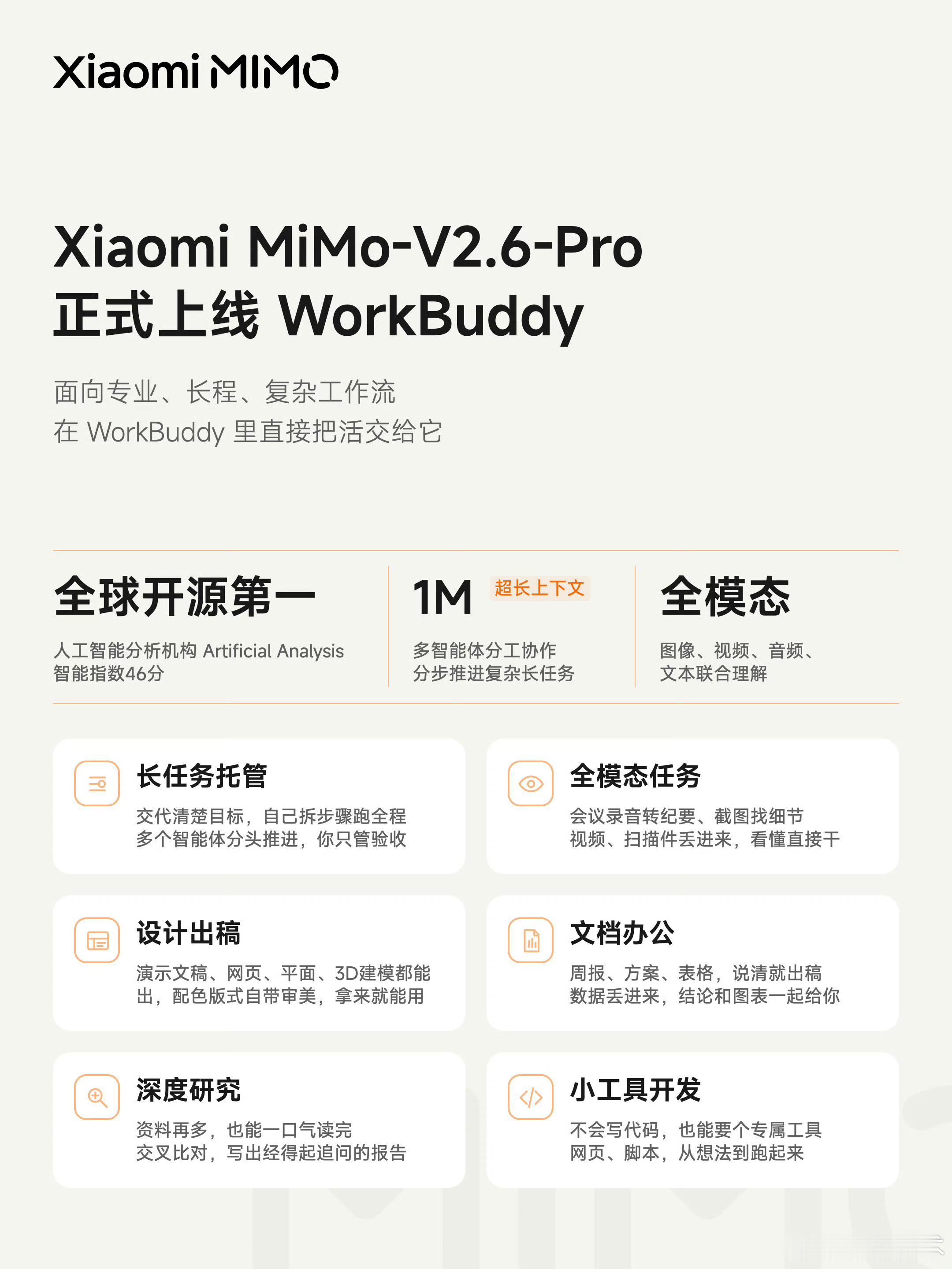 Xiaomi MiMo-V2.6-Pro 正式上线 WorkBuddy啦，鼓掌?