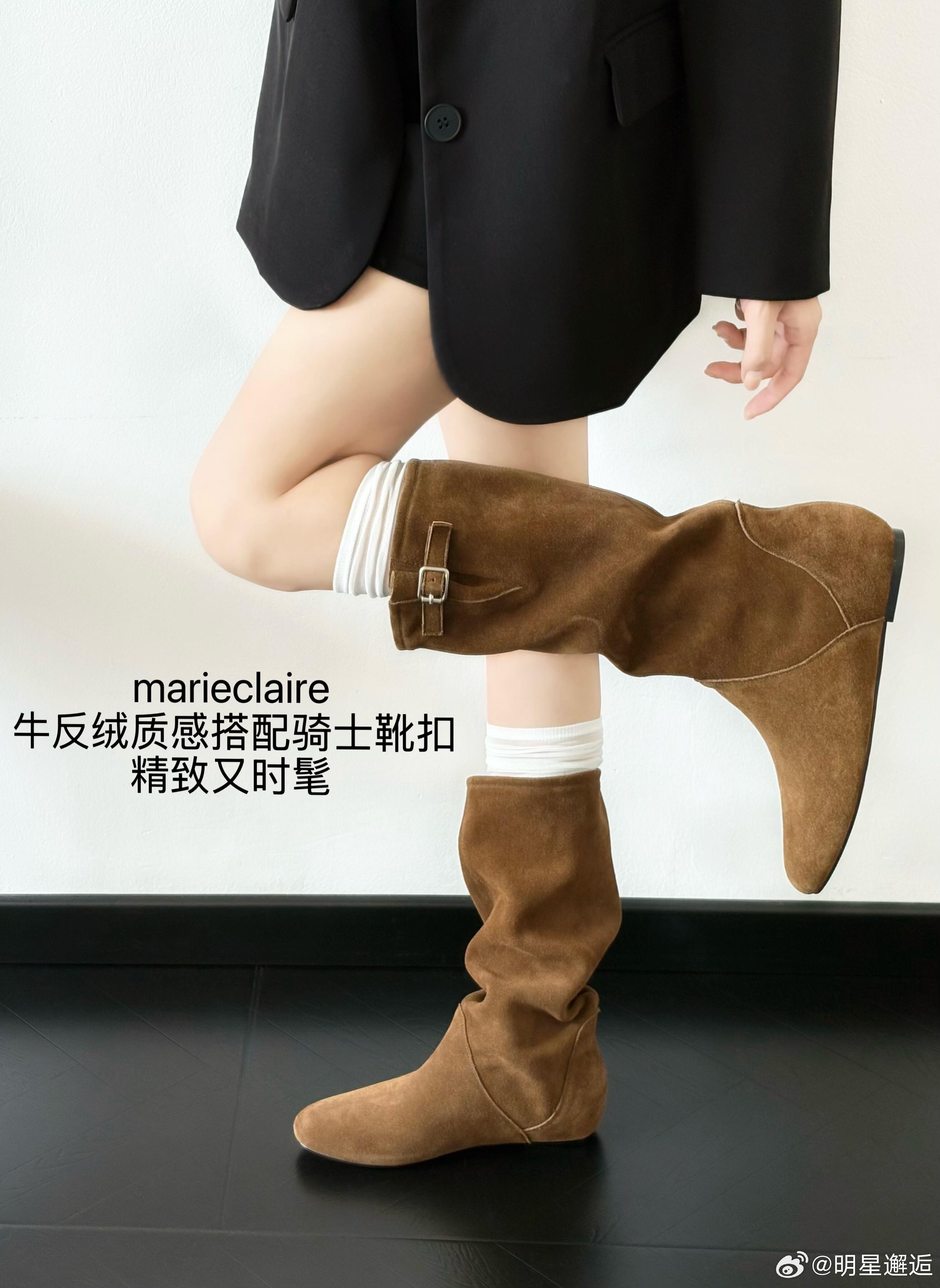这双出自《marie claire》推荐的骑士靴，以其经典的棕色牛反绒材质成为视