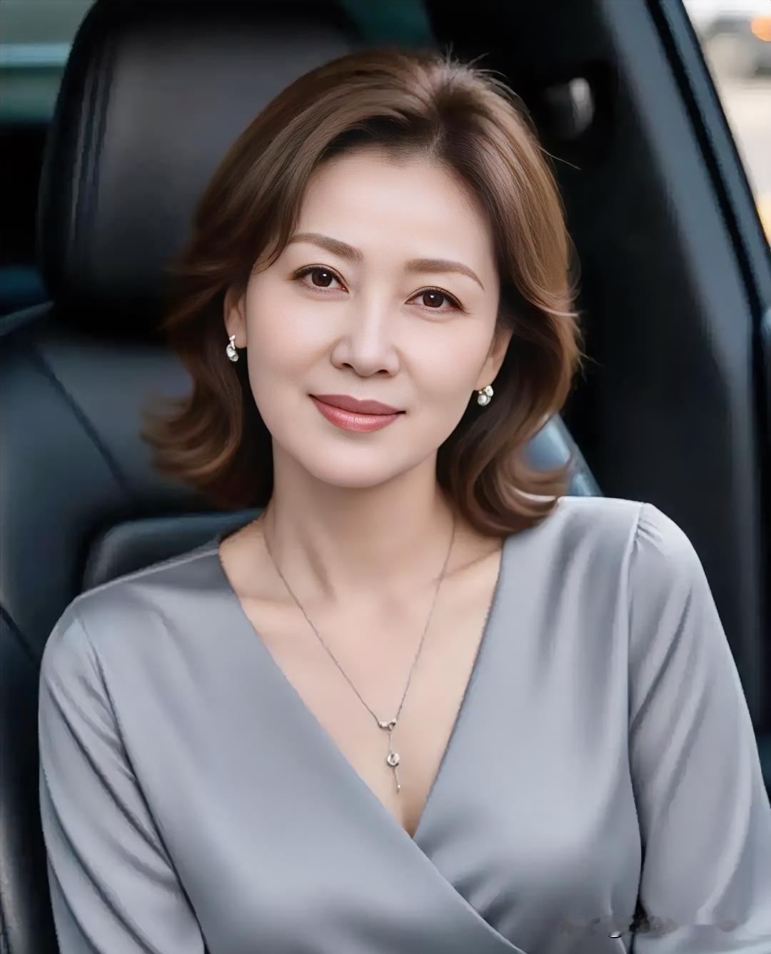 灰蓝缎面衬出温婉气质，浅笑盈盈间尽显成熟女性的从容优雅。