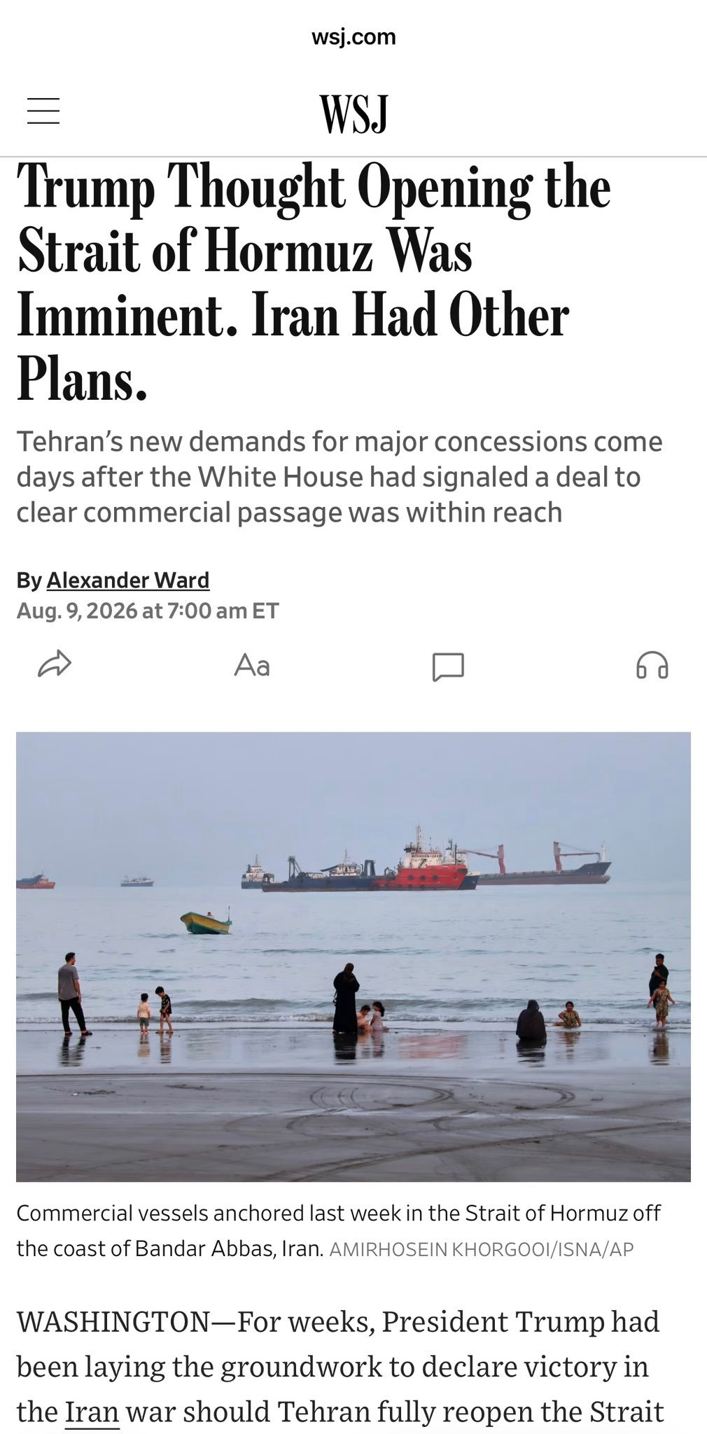 🔻WSJ报道，川普透露可以在伊朗不接受核限制相关条约情况下，只要伊朗开放海峡，