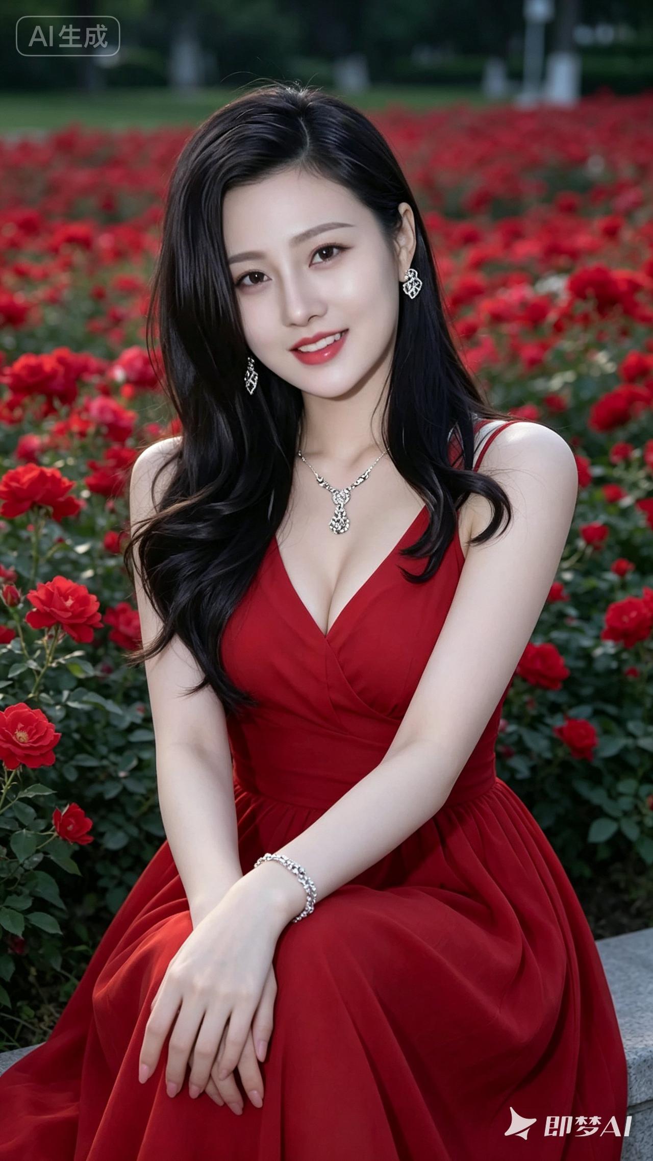 红衣美人，花海中的优雅时光