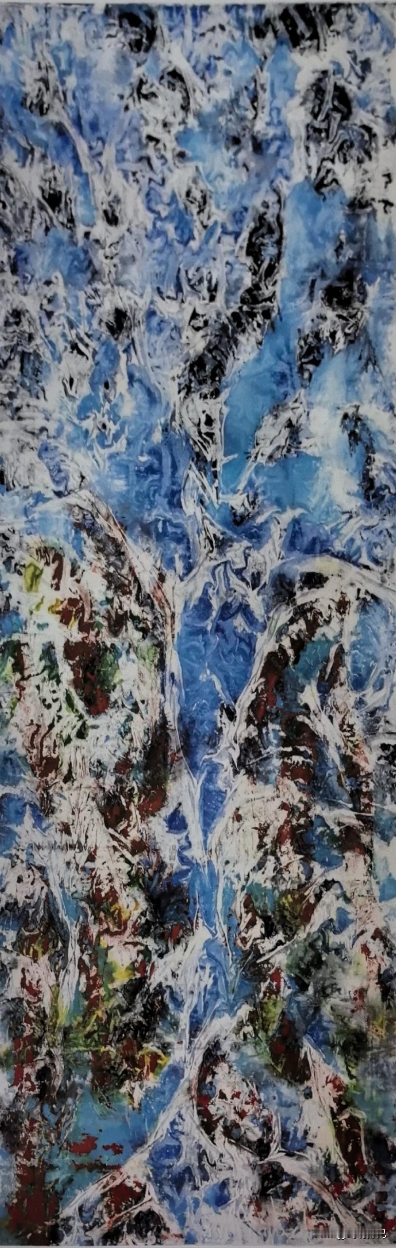 《雪融千涧》这幅作品，是您“自然派”艺术理念的生动注脚。您以极具张力的泼彩技法，