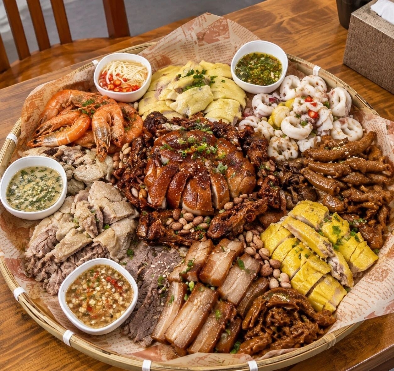 广西簸箕宴，鸡鹅双拼！广西人待客的最高诚意！鸡皮黄肉嫩，鹅肉厚实不柴，连鹅杂都超