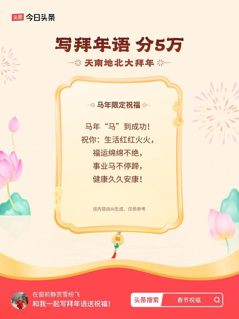 写拜年语送祝福新春拜年送祝福！我的祝福是：“马年“马”到成功！祝你：生活红红火火