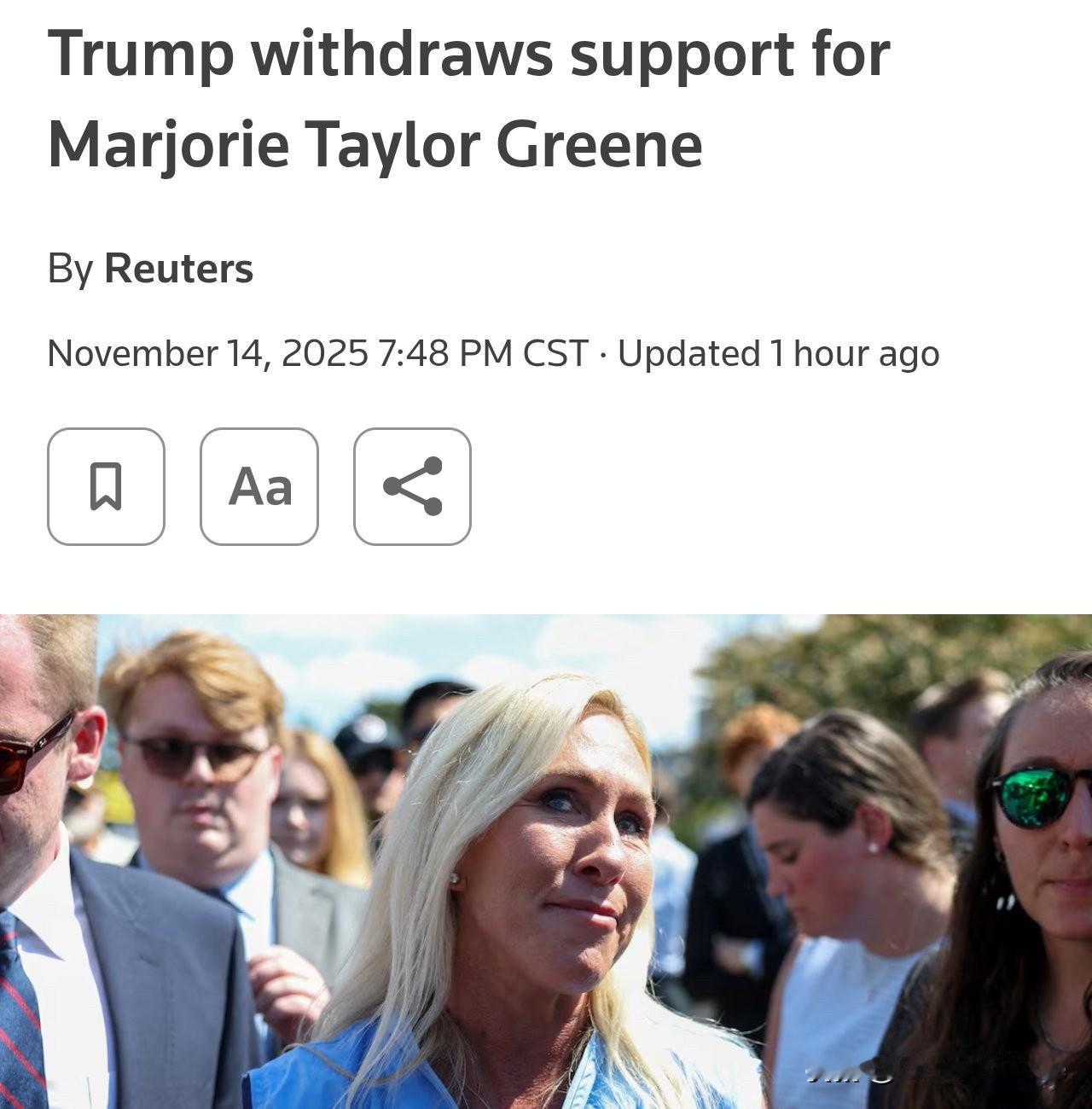 特朗普发文宣布撤回对乔治亚州的众议员马乔里·泰勒·格林的支持

路透社报道，原本