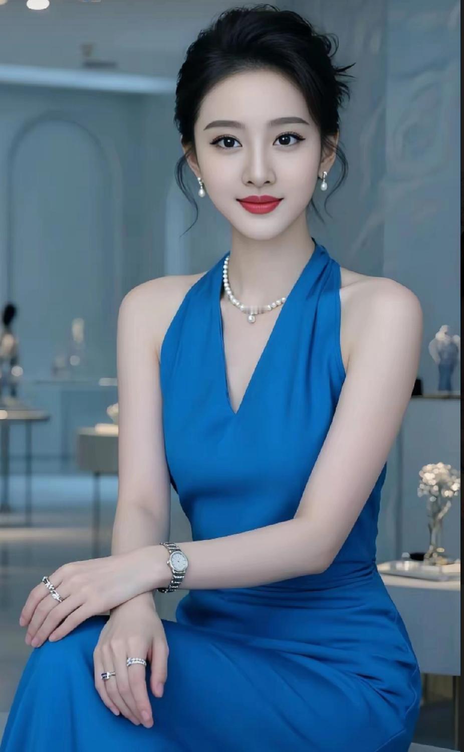 蓝衣美人倚，珠光映玉颜。