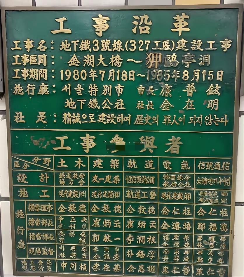 这是一张纪念首尔三号线建设历史的纪念铭牌，满满的汉字，几乎没几个韩文。
工程名称