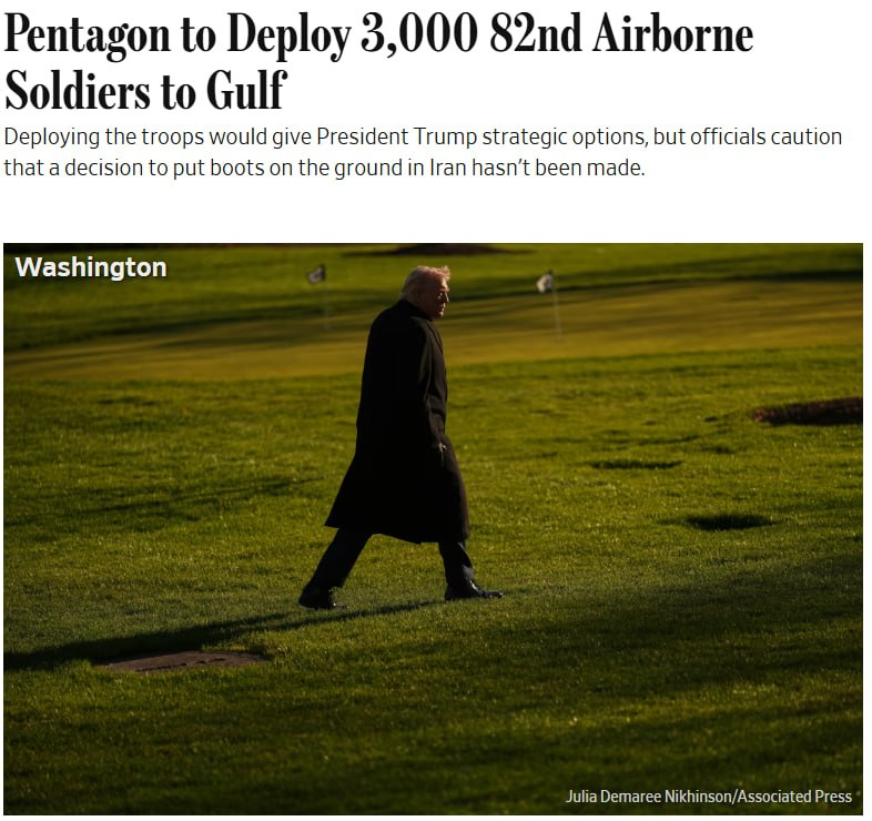 华尔街日报援引两名美国官员的话报道，五角大楼计划向中东地区派遣约3000名第82