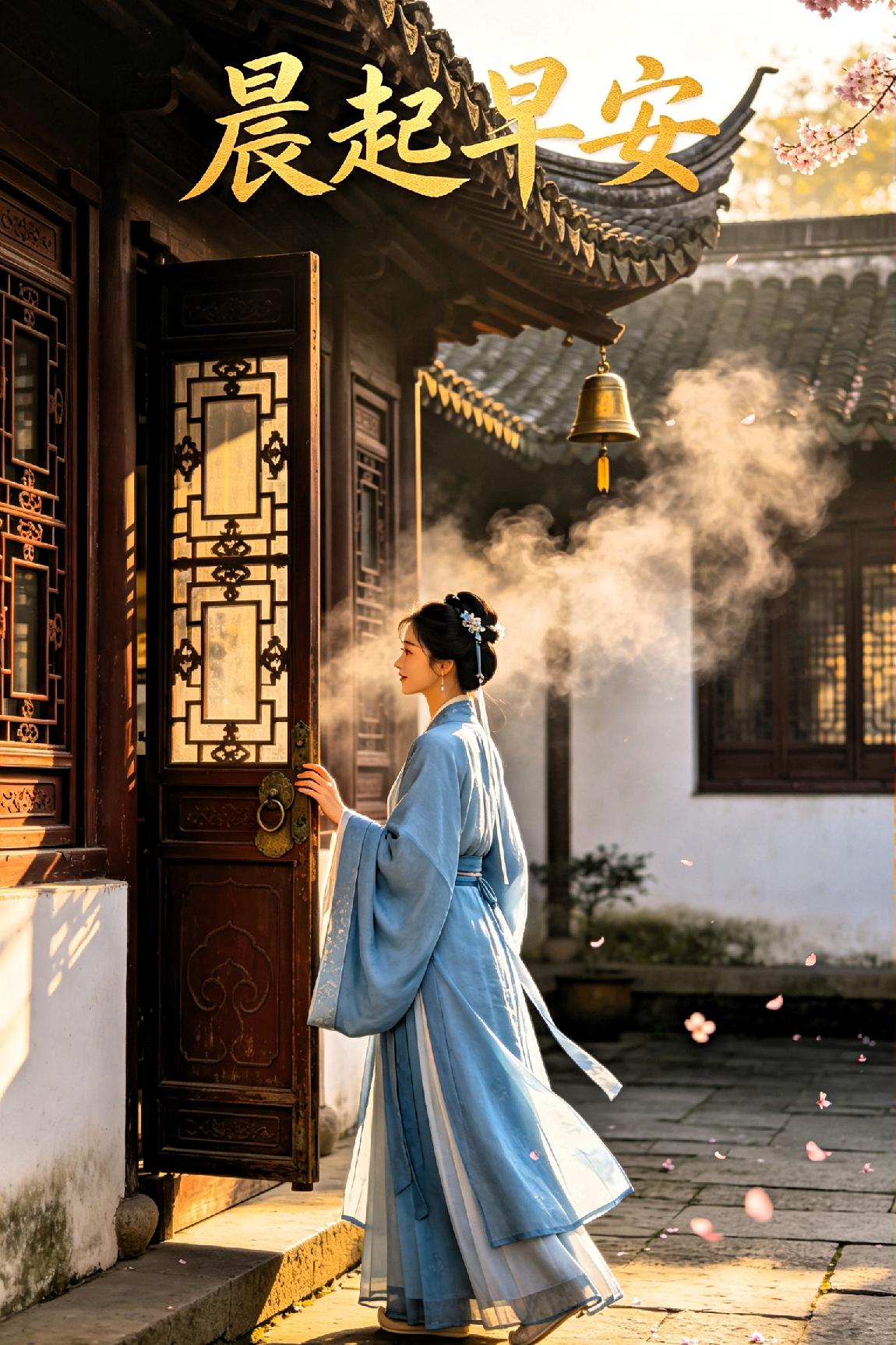 七律·晨安

 
晨光入户笼轻纱，一缕清风拂野花。

清露垂枝凝翠影，流云绕径映