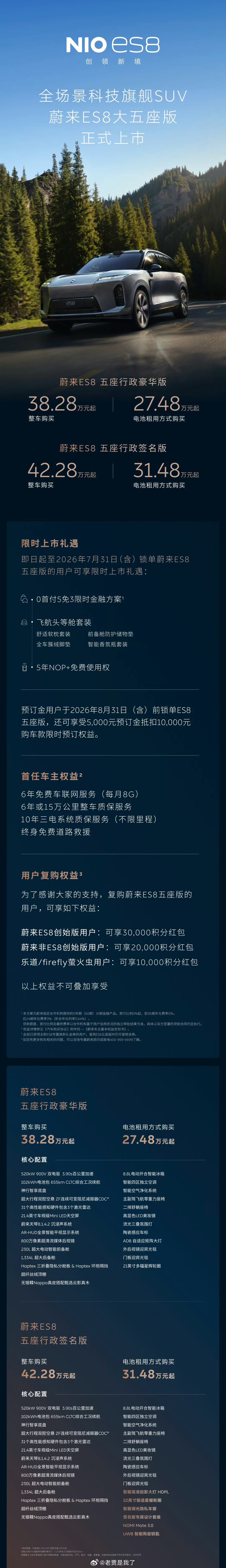 蔚来ES8大五座版上市全体起立，蔚来ES8大五座整车购买38.28万元，租电方案