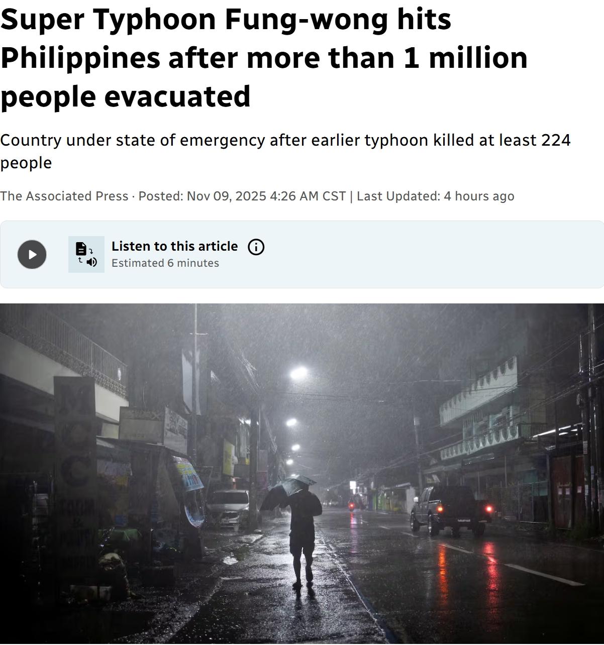 菲律宾再次遭遇最强台风，全国进入紧急状态
菲律宾上周遭遇台风Kalmaegi，在