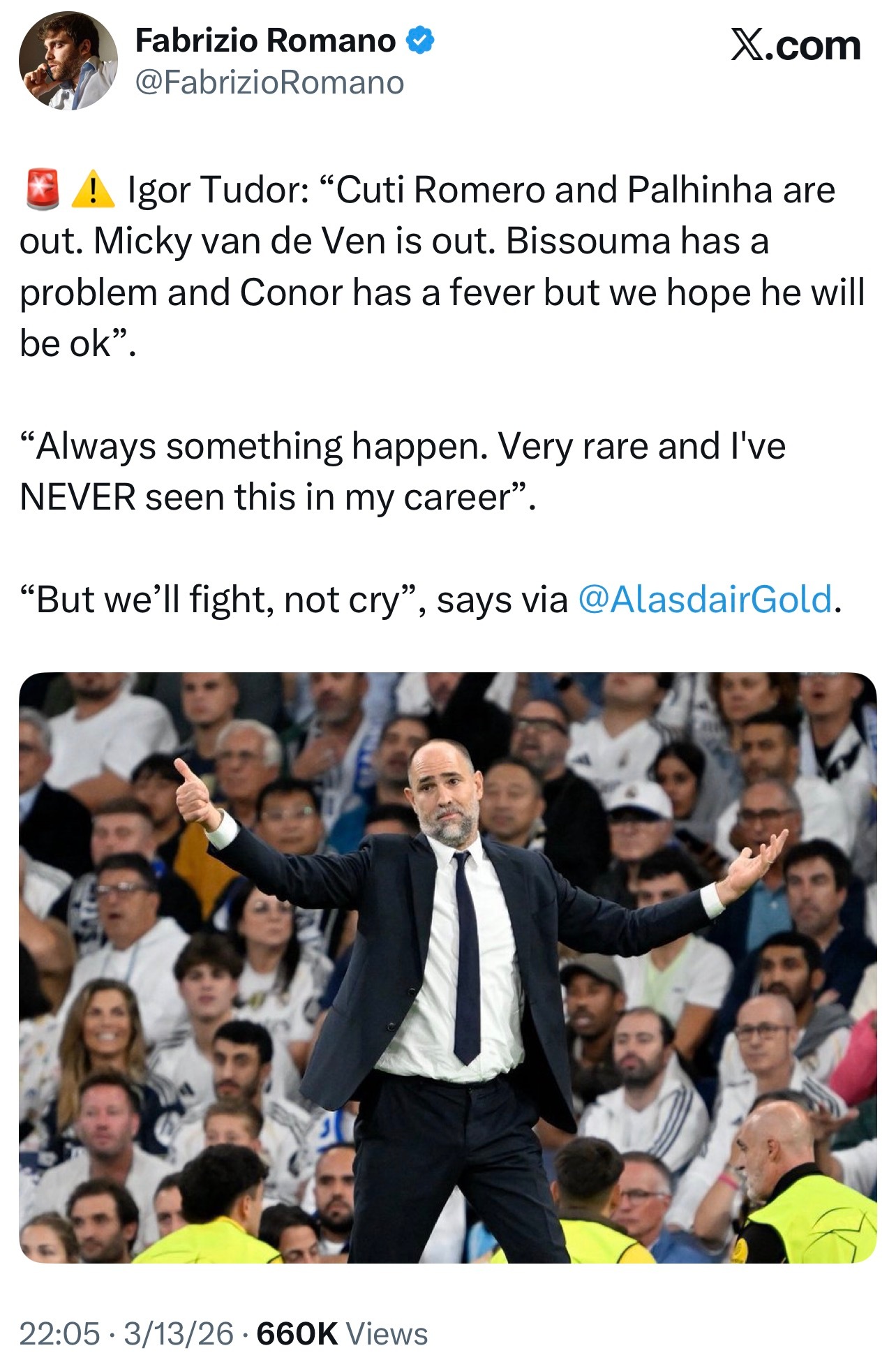 热刺那边运气也是不好，上场比赛伤停补时帕里尼亚和罗梅罗头碰头撞一起了，看起来都进