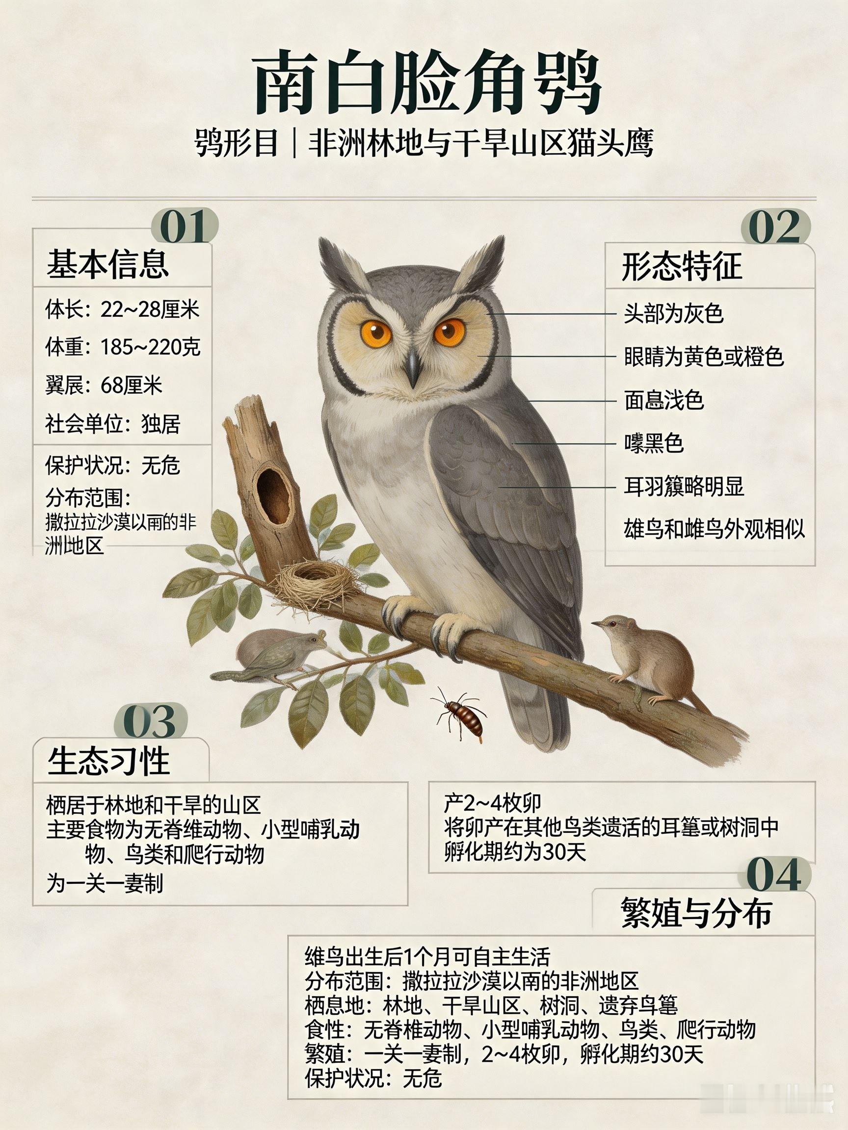 鸟类朋友图鉴 南白脸角鸮体长：22~28 厘米体重：185~220 克翼展：68