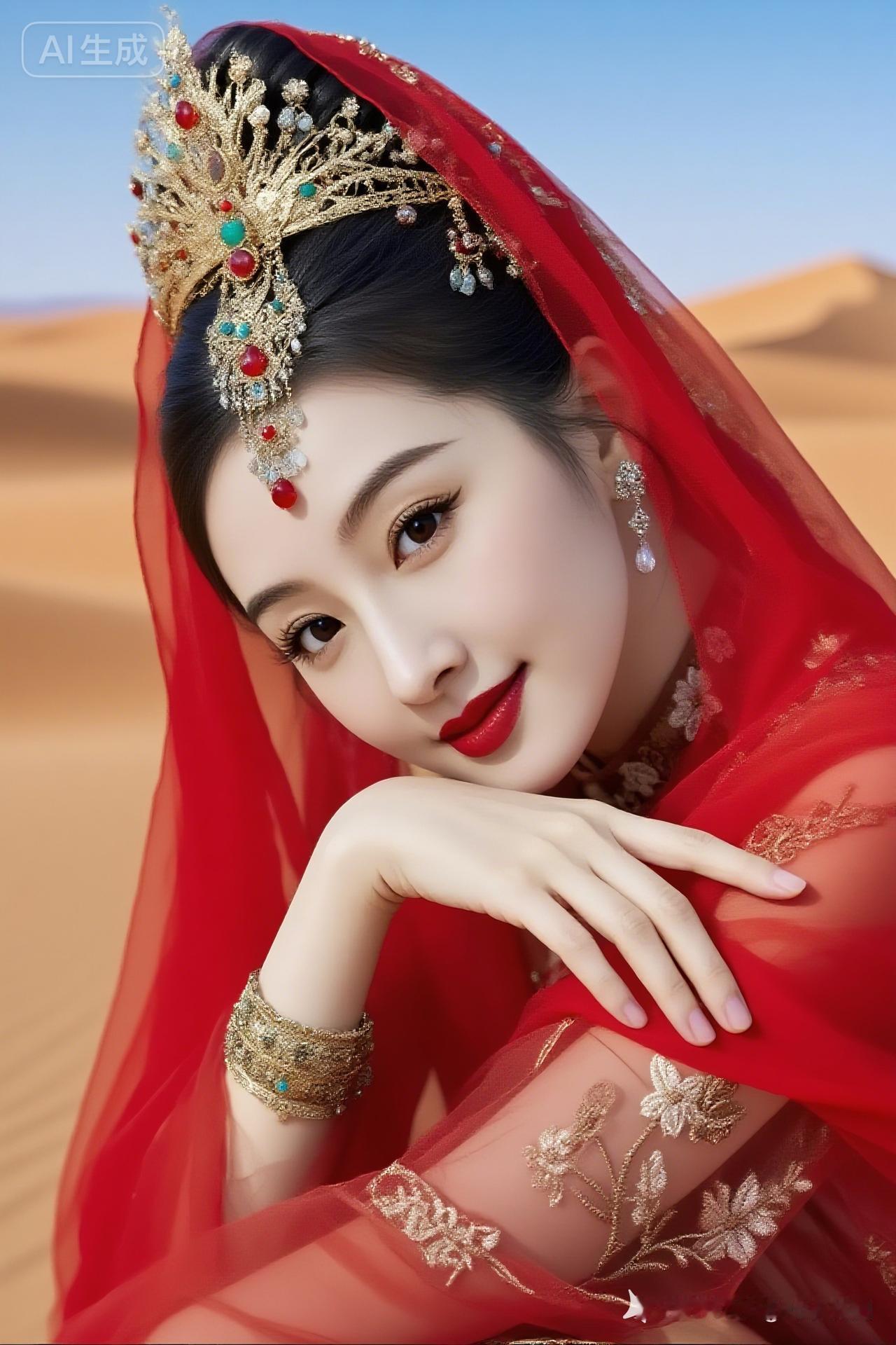沙漠中的东方美人，红衣金饰，惊艳了整个世界！