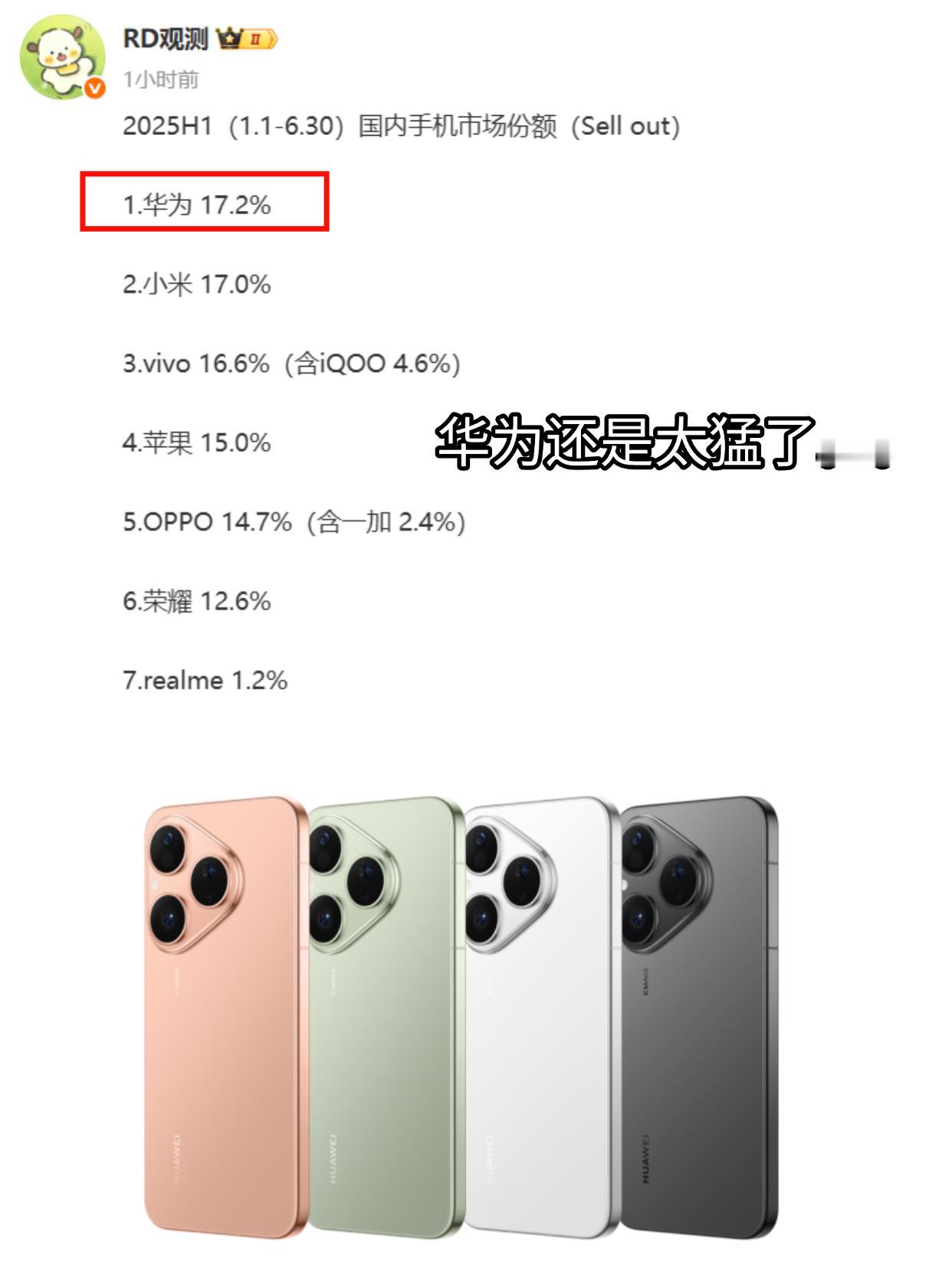 不是说华为销量不咋地嘛，这不打脸了。。。

一个个都在说自己销量多强多强的，结果