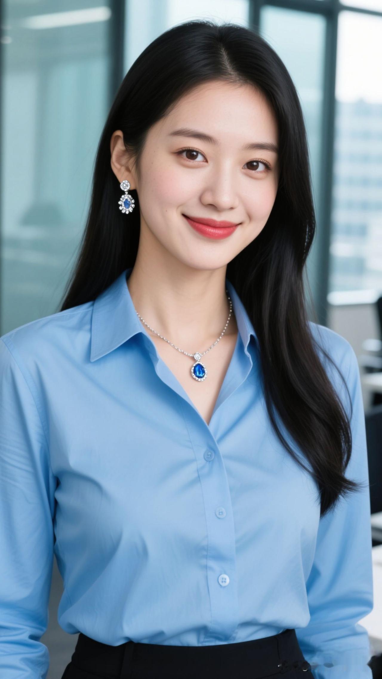 🌊 玻璃幕墙滤过的光，给蓝衬衫镀上薄纱，蓝宝石在颈间轻晃，像把深海的静谧，揉进