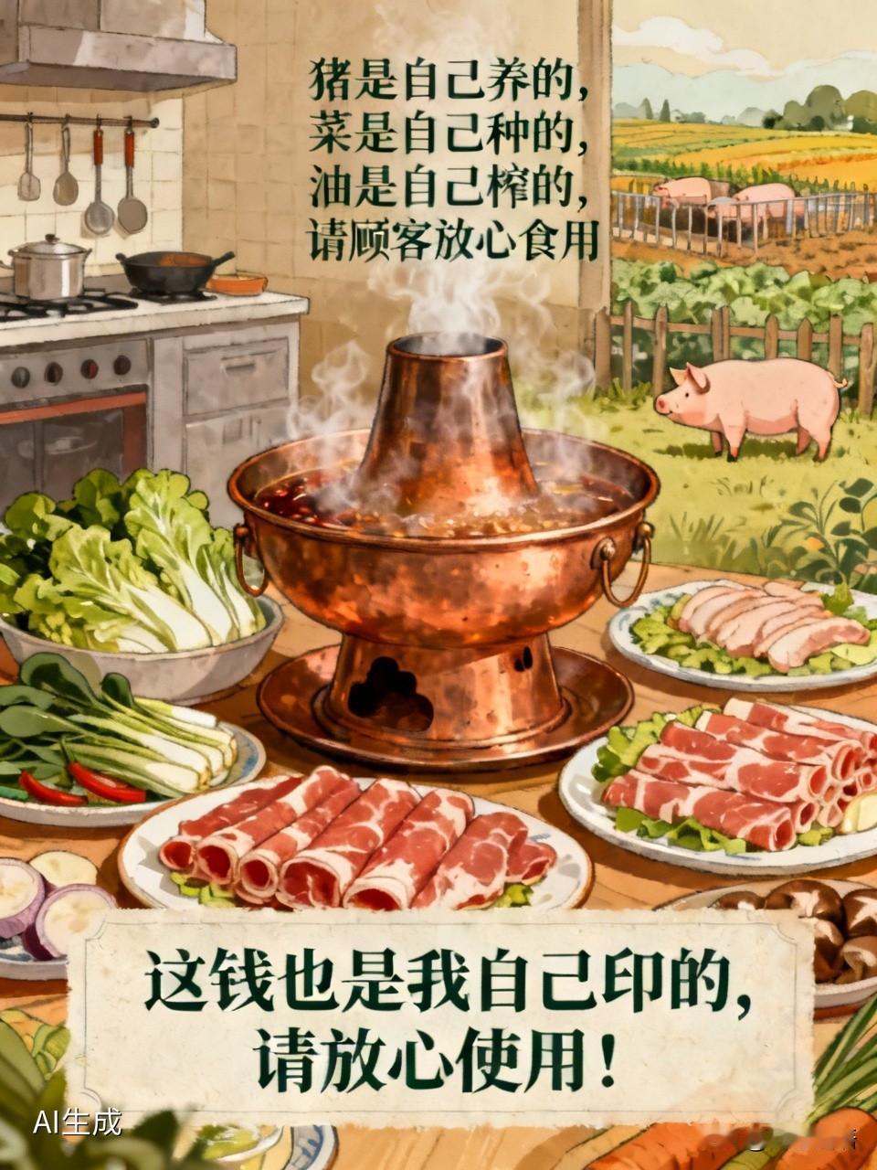 昨天去吃火锅 
看到墙上醒目地写着： 
猪是自己养的， 
菜是自己种的， 
油是