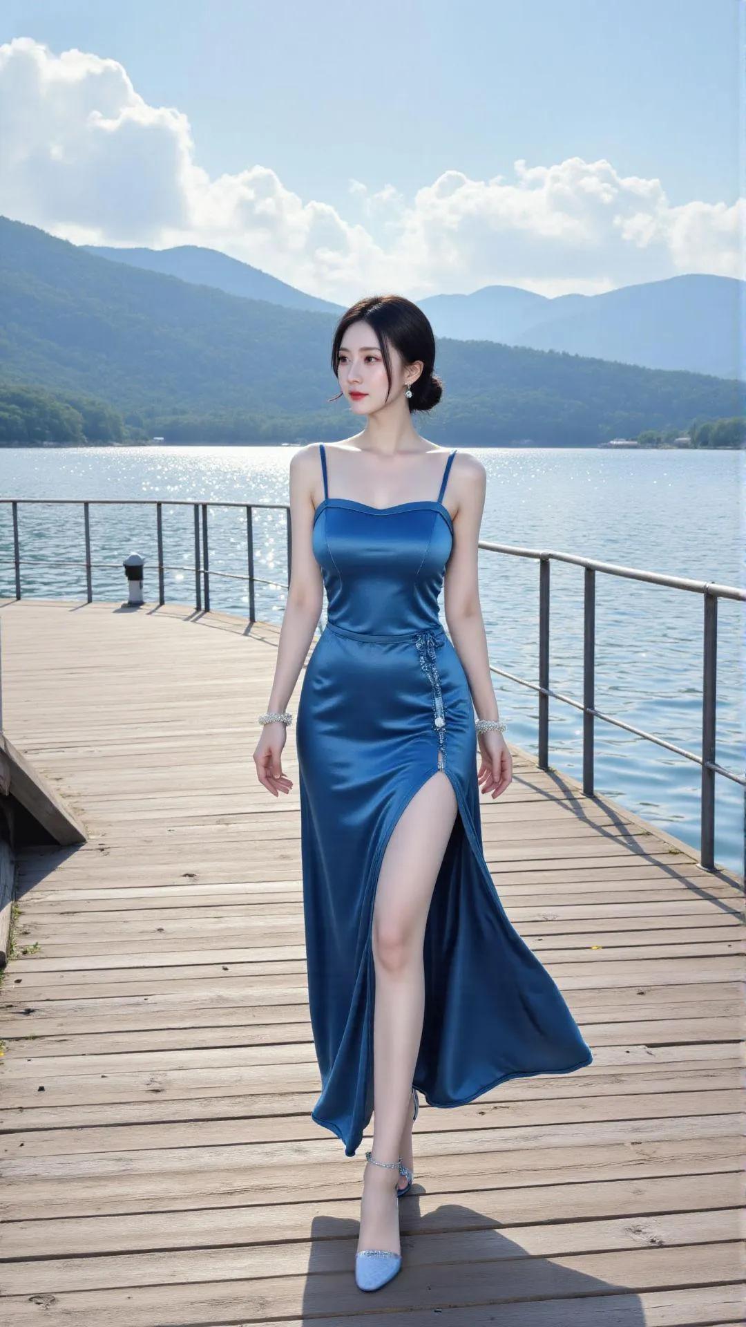 湛蓝绸缎如湖水般流淌在身畔，吊带勾勒出的肩颈线条优美而脆弱。高开叉设计随着步伐轻