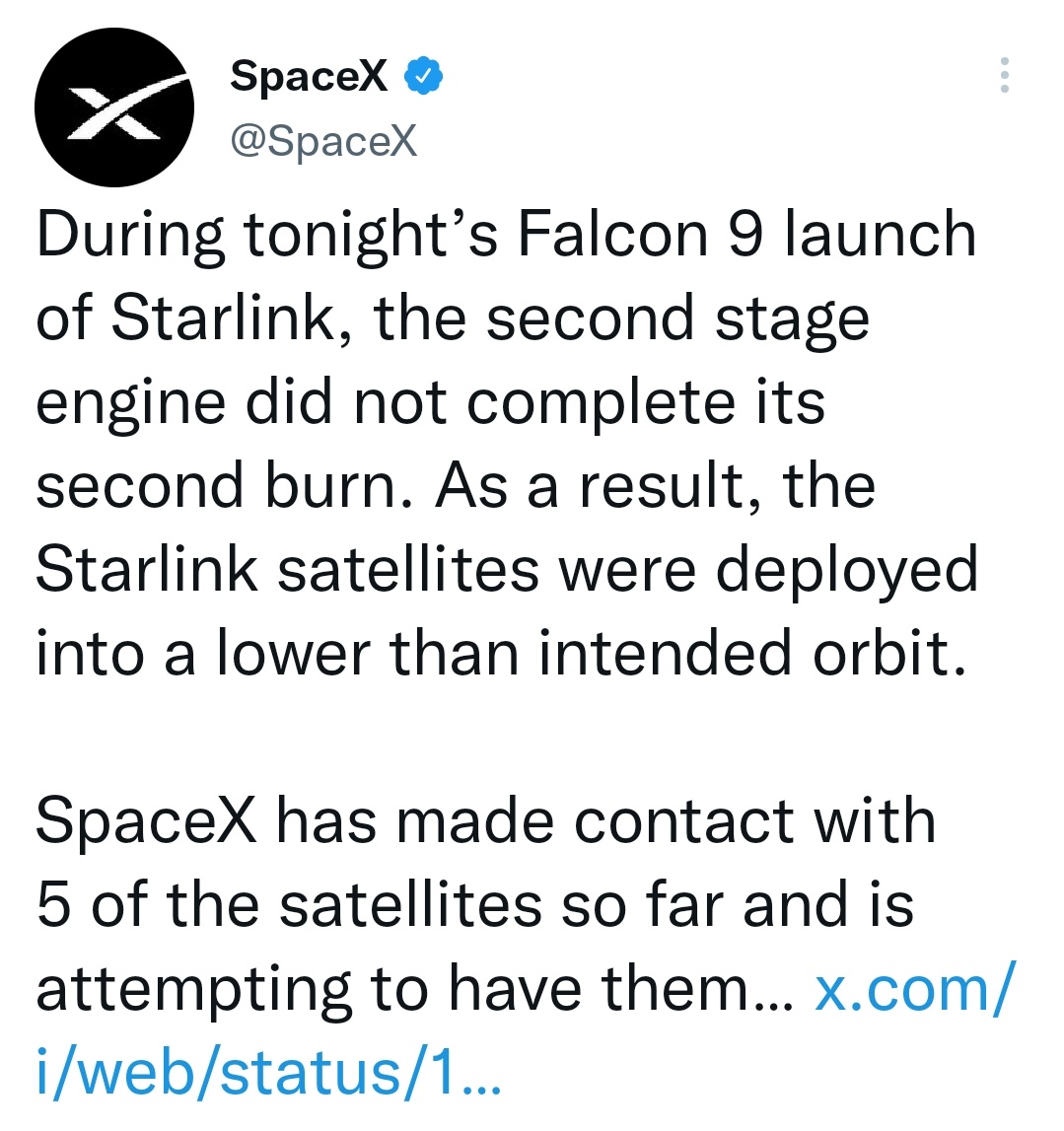 SpaceX最新表示；今晚发射的猎鹰9号火箭第二级发动机未能完成第二次燃烧，星链