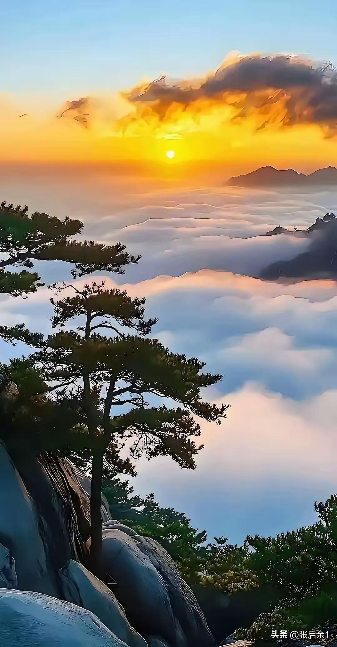 四块玉·初升旭日
旭日升，霞云灿，
山谷涛翻韵声传。
崖松傲立风姿展。
鸡唱巅，