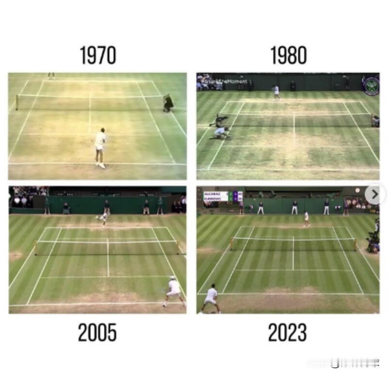 温布尔登中心球场的草地几十年来显示了磨损模式的变化。
这种转变和草坪无关，而是由