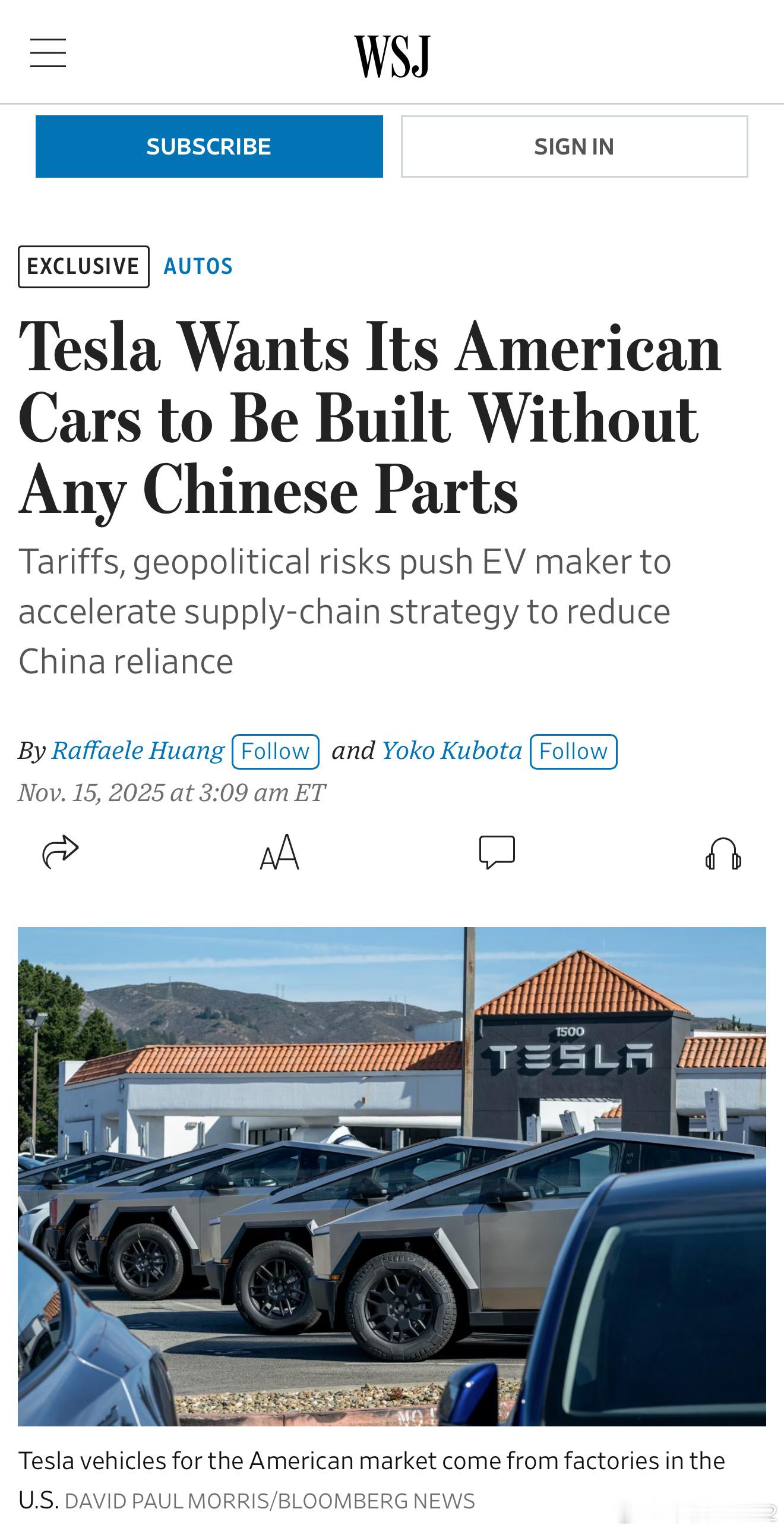 《华尔街日报》今日报道：特斯拉希望其美国制造的汽车不使用任何中国零部件。 