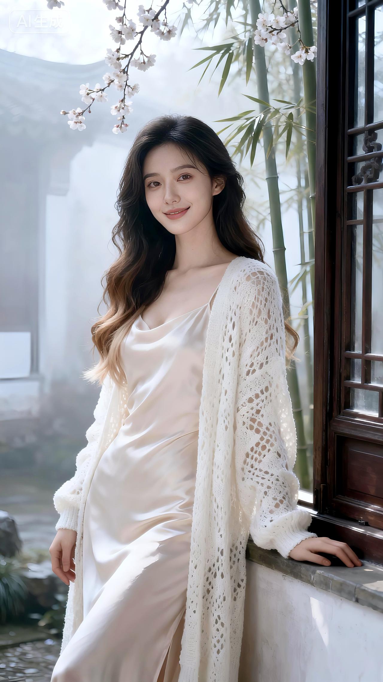 晨光漫过窗棂，她尖轻触花瓣的柔软。杏色长裙与春风共舞，发间珍珠映出温柔光晕。这一