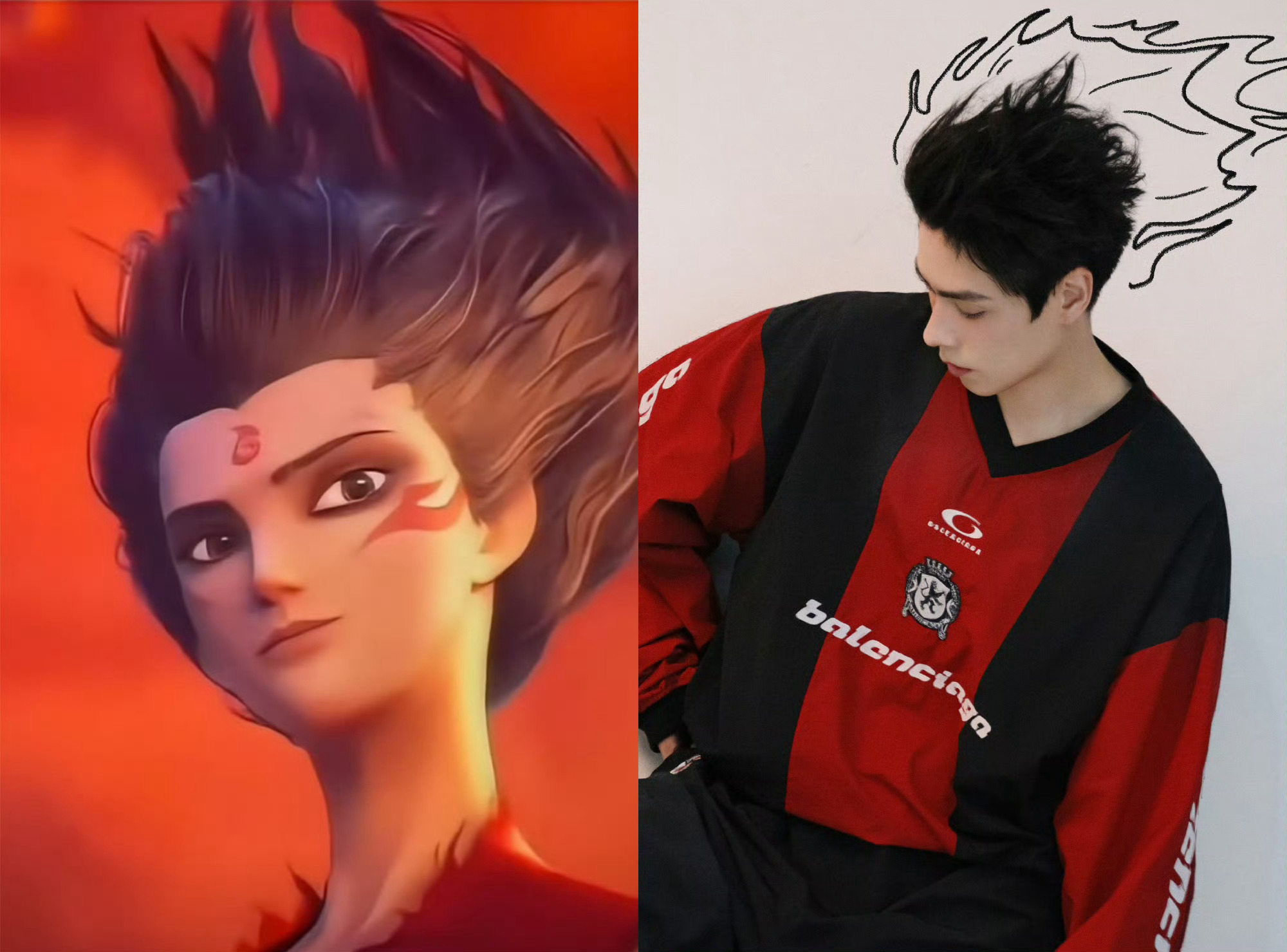 胡一天顶着灵珠脸当魔丸灵珠的脸，魔丸的发型，胡一天这波是“珠丸结合”了属于是！ 