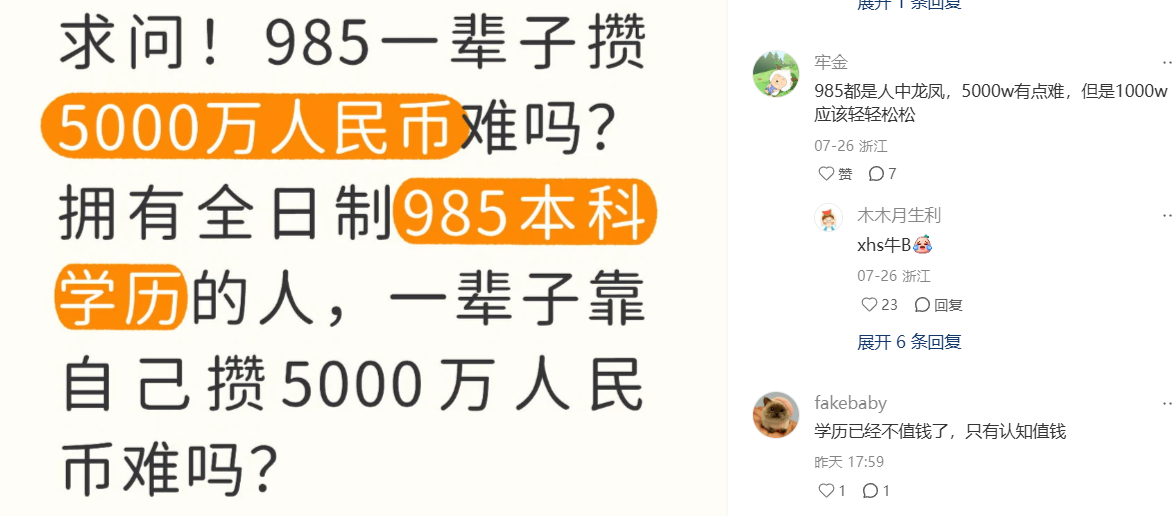 985一辈子攒5000万难吗？小红书网友：5000万/40年，不算利息，每年也就