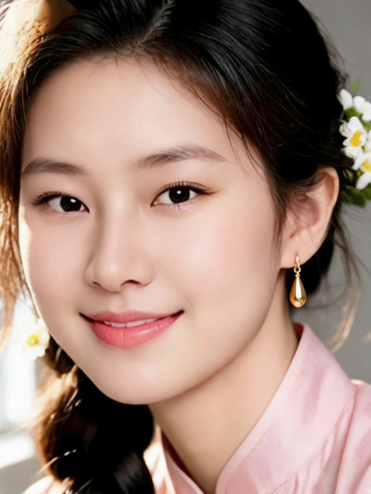 温柔甜美的少女，粉色上衣搭配金色耳环，散发着优雅与甜美的气息。