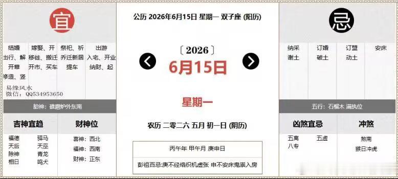 每日通胜：2026年6月15日黄历公历：2026年6月15日 星期一农历：二零二
