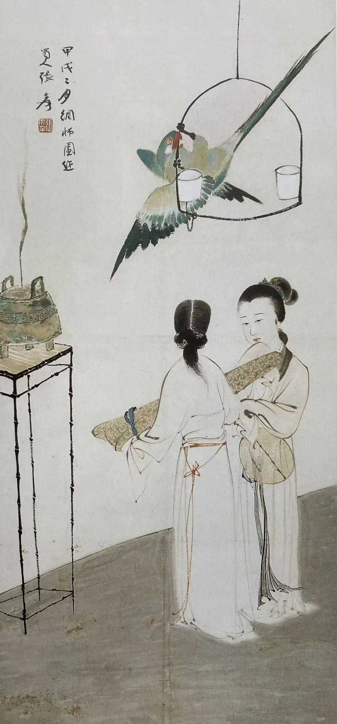 张大千 调鹦图 121x52cm。张大千此画作于1934年，自1932年大千与善
