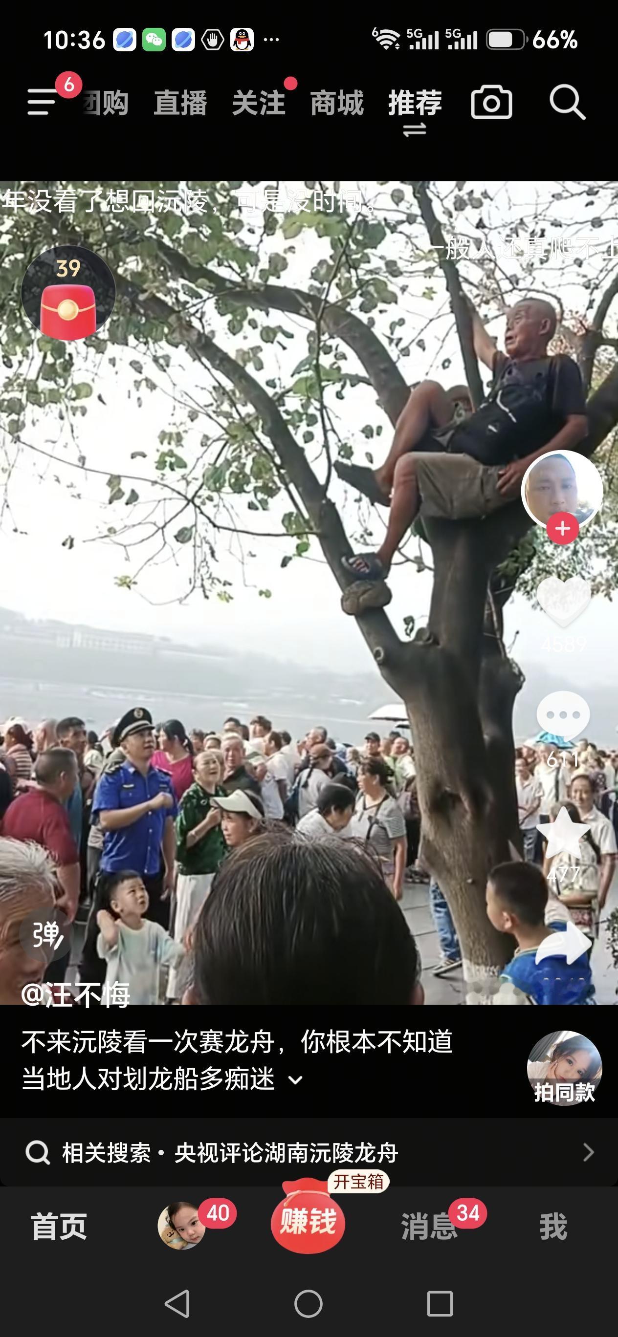 由此可见，沅陵人对龙舟的痴迷程度，一白发老头爬上树叉看龙舟赛！下面一个城管人员好