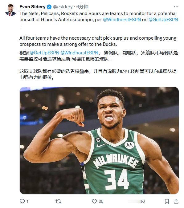 篮网队、鹈鹕队、火箭队和马刺队都是字母的潜在下家。NBA ​​​
